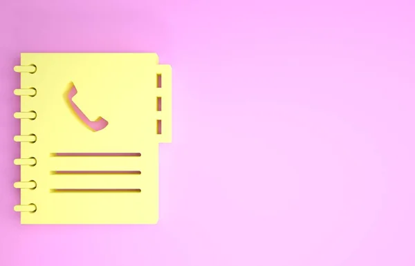 Geel telefoonboek pictogram geïsoleerd op roze achtergrond. Adresboek. Telefoongids. Minimalisme concept. 3d illustratie 3d renderen — Stockfoto
