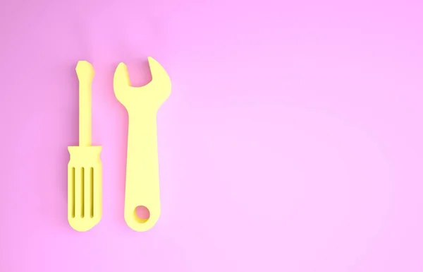 Destornillador amarillo e icono de herramientas de llave inglesa aislado sobre fondo rosa. Símbolo herramienta de servicio. Concepto minimalista. 3D ilustración 3D render —  Fotos de Stock