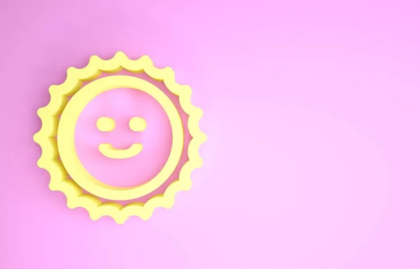 黄色的太阳图标孤立在粉红色的背景上. 最低纲领的概念。 3d说明3d — 图库照片