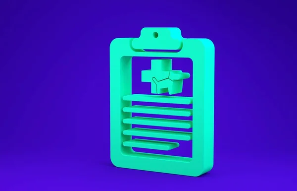 Portapapeles verde con el icono de la mascota de la historia clínica médica aislado sobre fondo azul. Formulario de seguro de salud. Reporte de las marcas médicas. Concepto minimalista. 3D ilustración 3D render — Foto de Stock