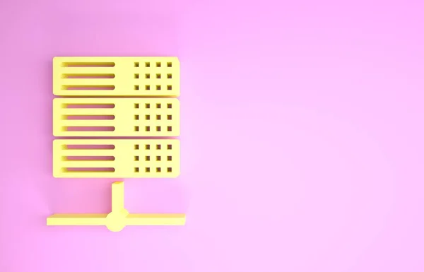 Servidor Amarelo, Dados, Ícone de hospedagem web isolado em fundo rosa. Conceito de minimalismo. 3D ilustração 3D render — Fotografia de Stock