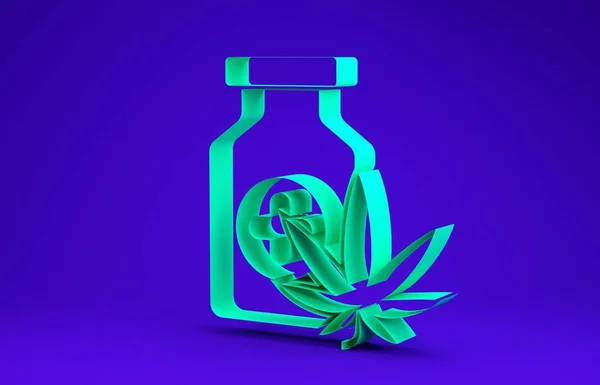 Flacone medico verde con icona di marijuana o foglie di cannabis isolata su sfondo blu. Falsificazione di estratti di olio di cannabis in barattoli. Concetto minimalista. Illustrazione 3d rendering 3D — Foto Stock