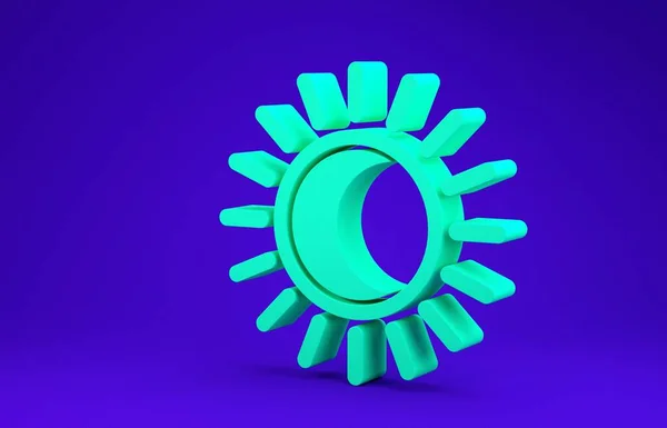 青の背景に隔離された太陽のアイコンの緑の日食。皆既日食。最小限の概念。3Dイラスト3Dレンダリング — ストック写真
