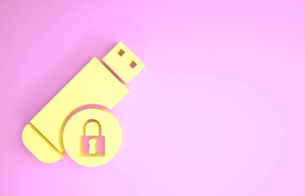 Желтый USB флэш-накопитель с закрытым значком замка изолированы на розовом фоне. Безопасность, безопасность, концепция защиты. Концепция минимализма. 3D-рендеринг — стоковое фото