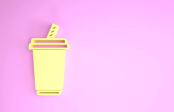 Жовте скло з іконою води ізольовано на рожевому фоні. Сода п'є склянку з питною соломою. Свіжий символ холодного напою. Концепція мінімалізму. 3D ілюстрація 3D рендеринга — стокове фото
