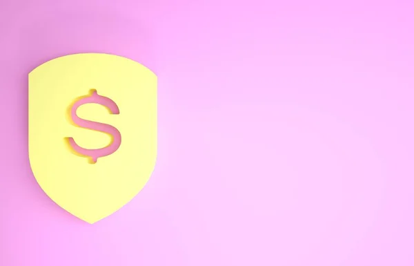 Scudo giallo e icona del dollaro isolato su sfondo rosa. Protezione scudo di sicurezza. Concetto di sicurezza monetaria. Concetto minimalista. Illustrazione 3d rendering 3D — Foto Stock