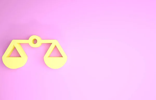 Yellow Scales of justice icon isolated on pink background. Court of law symbol. Balance scale sign. Minimalism concept. 3d illustration 3D render — Stock Photo, Image