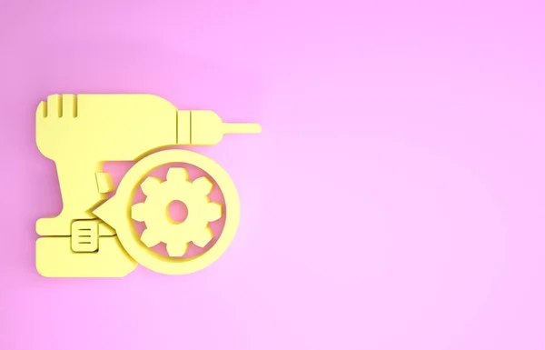 Máquina de broca amarela e ícone de engrenagem isolado no fundo rosa. Ajustar aplicativo, conceito de serviço, opções de configuração, manutenção, reparo, fixação. Conceito de minimalismo. 3D ilustração 3D render — Fotografia de Stock