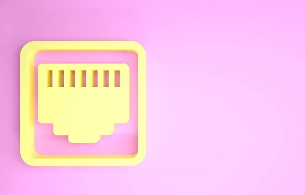 Puerto de red amarillo - icono de toma de cable aislado sobre fondo rosa. LAN, señal de puerto Ethernet. Icono del conector de área local. Concepto minimalista. 3D ilustración 3D render —  Fotos de Stock