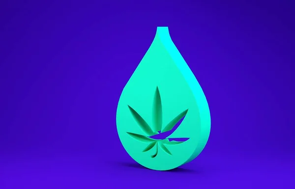 Yeşil Tıbbi marihuana veya kenevir yaprağı zeytinyağı damlası ikonu mavi arka planda izole edilmiş. Esrar özütü. Kenevir sembolü. Minimalizm kavramı. 3d illüstrasyon 3d canlandırma — Stok fotoğraf