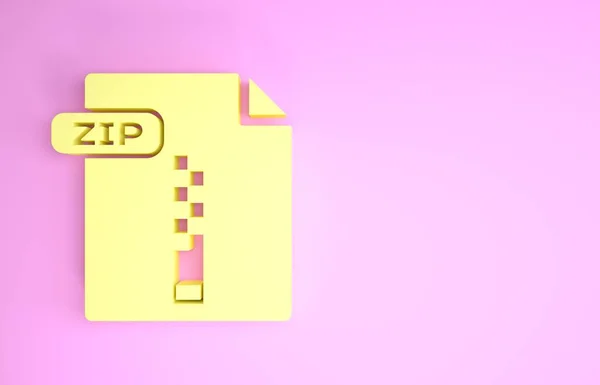 Yellow ZIP file document. Download zip button icon isolated on pink background. ZIP file symbol. Minimalism concept. 3d illustration 3D render