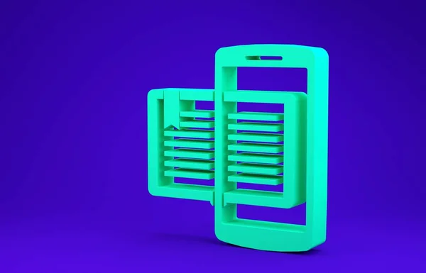 Smartphone verde y libro icono aislado sobre fondo azul. Concepto de aprendizaje en línea o aprendizaje electrónico. Concepto minimalista. 3D ilustración 3D render — Foto de Stock