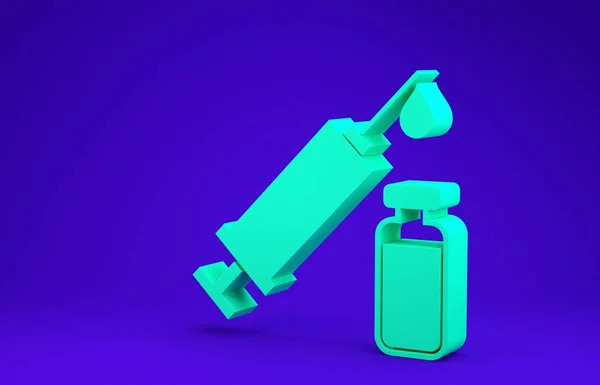 Seringa médica verde com agulha e ícone de frasco ou ampola isolados sobre fundo azul. Vacinação, injeção, vacina, conceito de insulina. Conceito de minimalismo. 3D ilustração 3D render — Fotografia de Stock