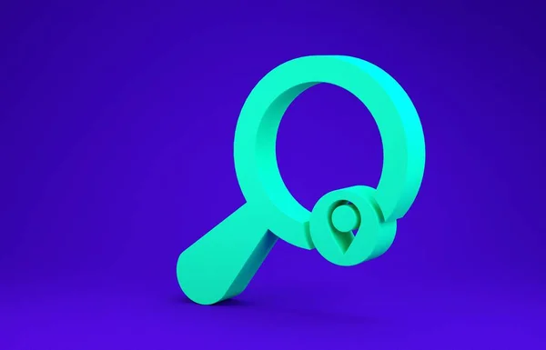 Grünes Suchsymbol isoliert auf blauem Hintergrund. Lupe mit Zeiger. Minimalismus-Konzept. 3D Illustration 3D Renderer — Stockfoto