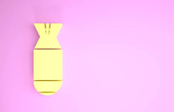 Icona bomba dell'aviazione gialla isolata su sfondo rosa. La bomba a razzo vola giù. Concetto minimalista. Illustrazione 3d rendering 3D — Foto Stock