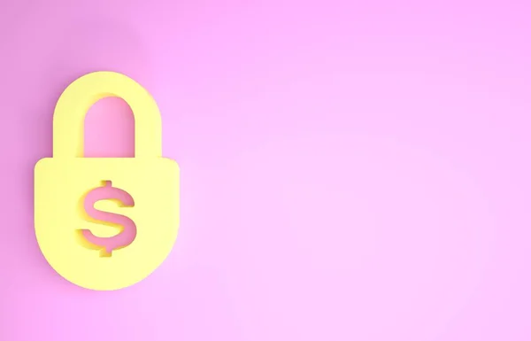 Ikona žluté peníze zámek izolované na růžovém pozadí. Padlock a symbol dolaru. Finance, zabezpečení, bezpečnost, ochrana, koncepce soukromí. Minimalismus. 3D ilustrace 3D vykreslení — Stock fotografie