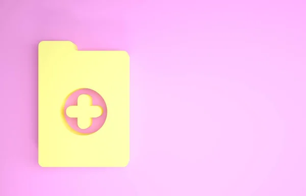 具有临床记录图标的黄色医学剪贴板在粉色背景上被分离出来. 健康保险表格。 处方，医疗检查标记报告。 最低纲领的概念。 3d说明3d — 图库照片