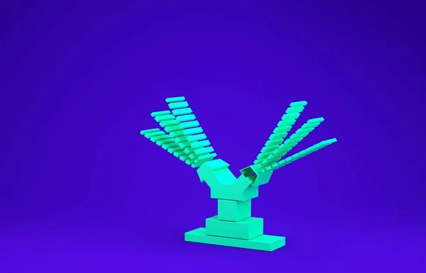 Зеленые автоматические поливочные опрыскиватели выделяются на синем фоне. Оборудование для полива. Элемент сада. Иконка спрея. Концепция минимализма. 3D-рендеринг — стоковое фото