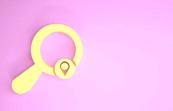 Icono amarillo de ubicación de búsqueda aislado sobre fondo rosa. Lupa con signo de puntero. Concepto minimalista. 3D ilustración 3D render —  Fotos de Stock