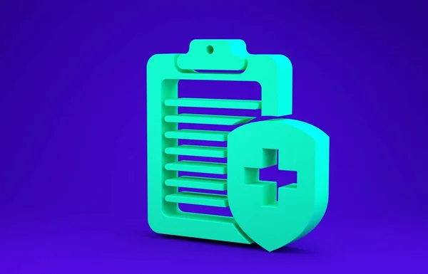 Green Clipboard with medical insurance icon isolated on blue background. Patient protection. Clipboard and shield with a cross. Minimalism concept. 3d illustration 3D render — Stock Photo, Image