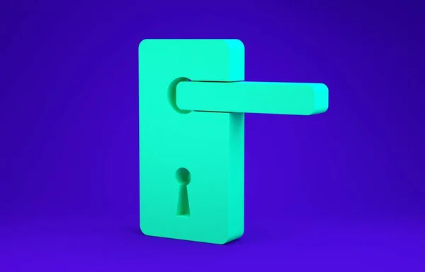 Ícone maçaneta da porta verde isolado no fundo azul. Sinal de fechadura. Conceito de minimalismo. 3D ilustração 3D render — Fotografia de Stock