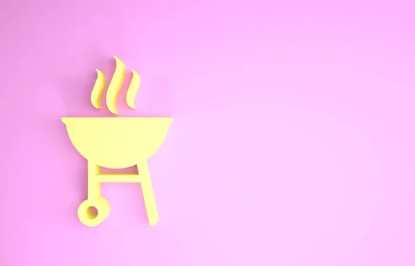 Icône de barbecue jaune isolé sur fond rose. Barbecue grill party. Concept de minimalisme. Illustration 3D rendu 3D — Photo