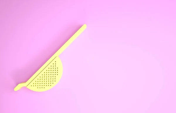 Yellow Kitchen colander icon isolated on pink background. Cooking utensil. Cutlery sign. Minimalism concept. 3d illustration 3D render — Stock Photo, Image