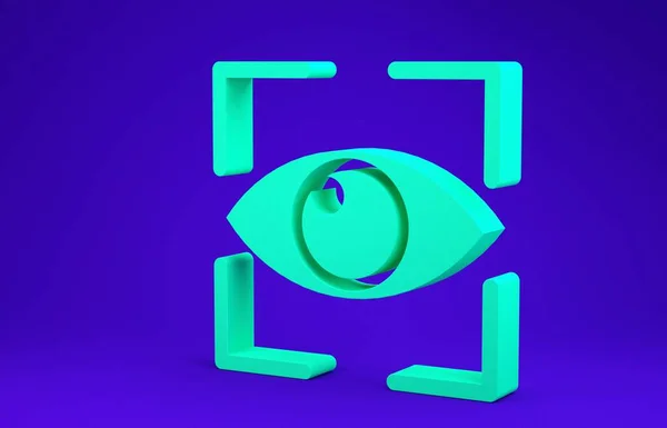 Ícone verde da varredura do olho isolado no fundo azul. Olho de escaneamento. Símbolo de verificação de segurança. Sinal cibernético. Conceito de minimalismo. 3D ilustração 3D render — Fotografia de Stock