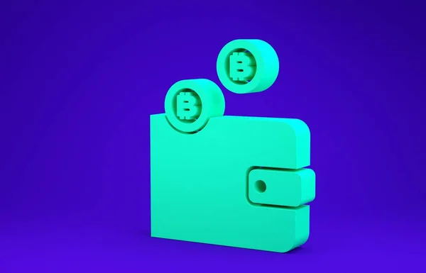 Zielona ikona portfela kryptowaluta izolowana na niebieskim tle. Portfel i znak bitcoina. Koncepcja górnicza. Pieniądze, płatność, gotówka, ikona płatności. Koncepcja minimalizmu. Ilustracja 3d — Zdjęcie stockowe