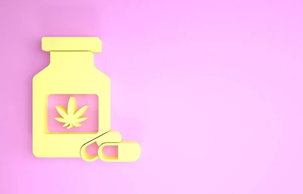 带有大麻或大麻叶图标的黄色药瓶，在粉红色背景上分离。 在罐子里调味大麻油提取物. 最低纲领的概念。 3d说明3d — 图库照片