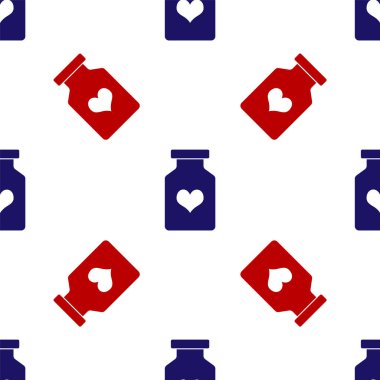 İktidar hapı içeren mavi ve kırmızı ilaç şişesi, afrodizyak ikonu beyaz arka planda izole edilmiş kusursuz desen. Erkekler ve kadınlar için seks hapları. Vektör İllüstrasyonu