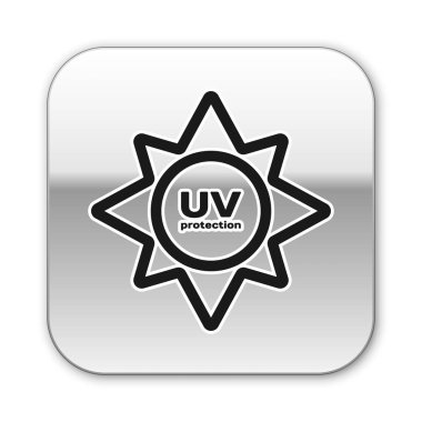 Siyah Uv koruma simgesi beyaz arka plan üzerinde izole. Ultraviyole ışınları radyasyon. Spf güneş işareti. Gümüş kare düğme. Vektör İllüstrasyonu