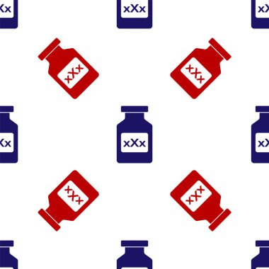 İktidar hapı içeren mavi ve kırmızı ilaç şişesi, afrodizyak ikonu beyaz arka planda izole edilmiş kusursuz desen. Erkekler ve kadınlar için seks hapları. Vektör İllüstrasyonu