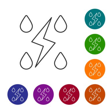 Gri çizgi Storm simgesi beyaz arkaplanda izole edildi. Düşüş ve yıldırım işareti. Fırtınanın hava durumu ikonu. Simgeleri renk daire düğmelerine ayarla. Vektör İllüstrasyonu