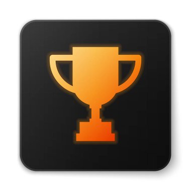 Beyaz arka planda izole edilmiş turuncu parlak neon ödüllü kupa ikonu. Galibiyet ödülü sembolü. Şampiyonluk ya da yarışma kupası. Spor başarısı. Siyah kare düğme. Vektör İllüstrasyonu