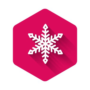 Beyaz Kar Tanesi simgesi uzun gölgeli izole edilmiş. Pembe altıgen düğmesi. Vektör İllüstrasyonu