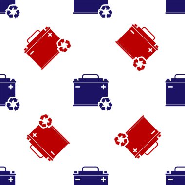 Geri dönüşüm simgesine sahip mavi ve kırmızı araba bataryası beyaz arka planda izole edilmiş. Akümülatör bataryası enerji ve elektrik akümülatörü bataryası. Vektör İllüstrasyonu