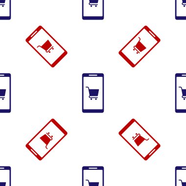 Mavi ve kırmızı cep telefonu ve alışveriş arabası ikonu beyaz arka planda izole edilmiş pürüzsüz desen. İnternetten satın alma sembolü. Süpermarket sepeti sembolü. Vektör İllüstrasyonu