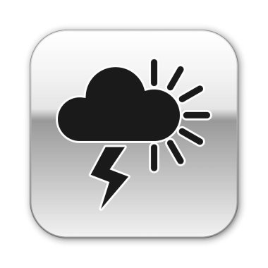 Beyaz arkaplanda Kara Fırtına simgesi izole edildi. Yıldırımlı ve güneşli bulutlu. Fırtınanın hava durumu ikonu. Gümüş kare düğme. Vektör İllüstrasyonu