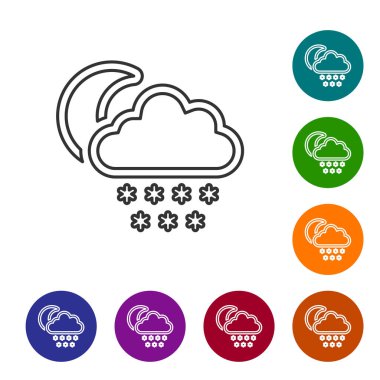 Beyaz zemin üzerinde kar ve ay ikonu olan gri çizgi bulutu. Kar taneli bulut. Tek hava ikonu. Kar tabelası. Simgeleri renk daire düğmelerine ayarla. Vektör İllüstrasyonu