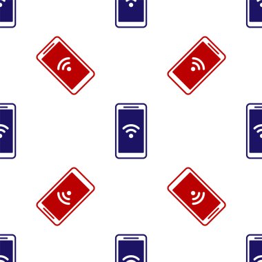 Bedava kablosuz kablosuz bağlantı ikonuna sahip mavi ve kırmızı akıllı telefon beyaz arka planda izole edilmiş pürüzsüz desen. Kablosuz teknoloji, kablosuz bağlantı, kablosuz ağ. Vektör İllüstrasyonu