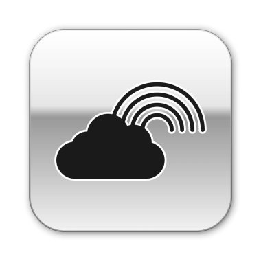 Beyaz arkaplanda izole edilmiş bulut simgesi olan siyah gökkuşağı. Gümüş kare düğme. Vektör İllüstrasyonu