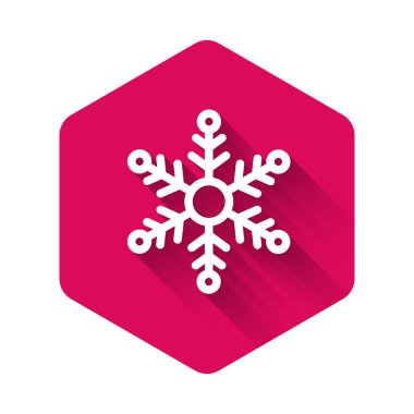 Beyaz Kar Tanesi simgesi uzun gölgeli izole edilmiş. Pembe altıgen düğmesi. Vektör İllüstrasyonu