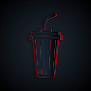 Kağıt kesiği, siyah zemin üzerinde su ikonu olan cam. Soda bardağı ve pipet içmek. Taze soğuk içecek sembolü. Kağıt sanatı tarzı. Vektör İllüstrasyonu