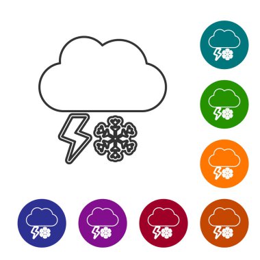 Beyaz zemin üzerinde kar ve şimşek simgesi olan gri çizgi bulutu. Kar taneli bulut. Tek hava ikonu. Kar tabelası. Simgeleri renk daire düğmelerine ayarla. Vektör İllüstrasyonu