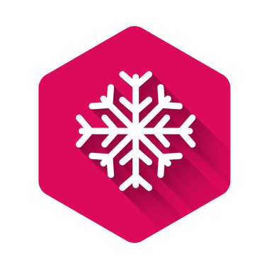Beyaz Kar Tanesi simgesi uzun gölgeli izole edilmiş. Pembe altıgen düğmesi. Vektör İllüstrasyonu