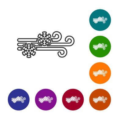 Gri çizgi rüzgarı ve kar ikonu beyaz arka planda izole edildi. Rüzgarlı bir hava. Simgeleri renk daire düğmelerine ayarla. Vektör İllüstrasyonu