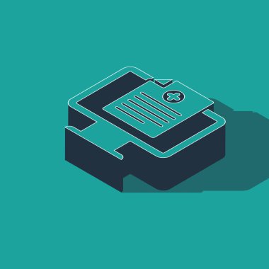 Yeşil arka planda izole edilmiş monitör ikonundaki Isometric Tıbbi klinik kayıtları. Sağlık sigortası formu. Reçete, tıbbi kontrol işaretleri raporu. Vektör İllüstrasyonu