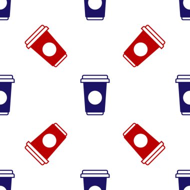 Mavi ve kırmızı kahve fincanı ikonu beyaz arka planda pürüzsüz desen izole etti. Tek kullanımlık kahve bardağı ve sıcak kahve. Vektör İllüstrasyonu