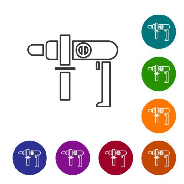 Gri çizgi elektrikli matkap ikonu beyaz arka planda izole edildi. Tamir aleti. Simgeleri renk daire düğmelerine ayarla. Vektör İllüstrasyonu